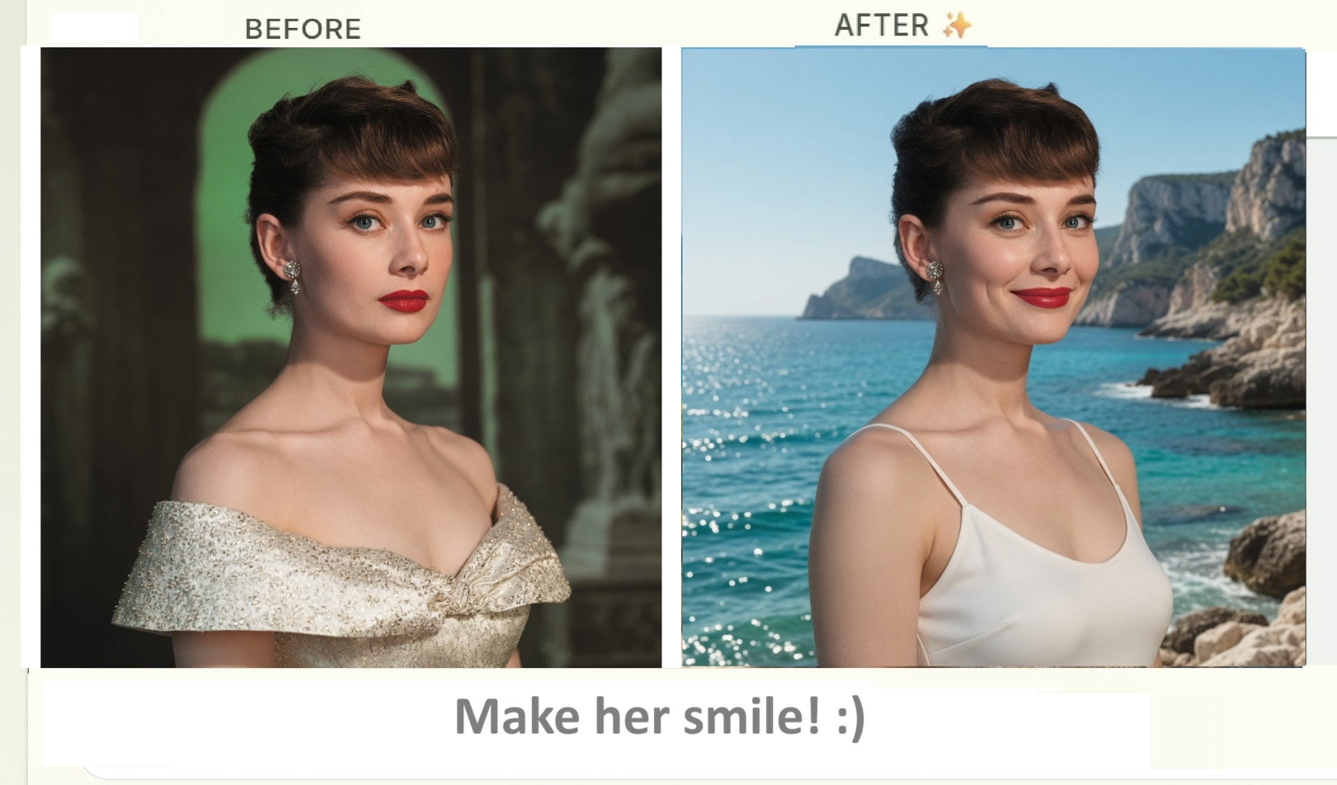 Portrait edited to change a neutral expression into a warm smile