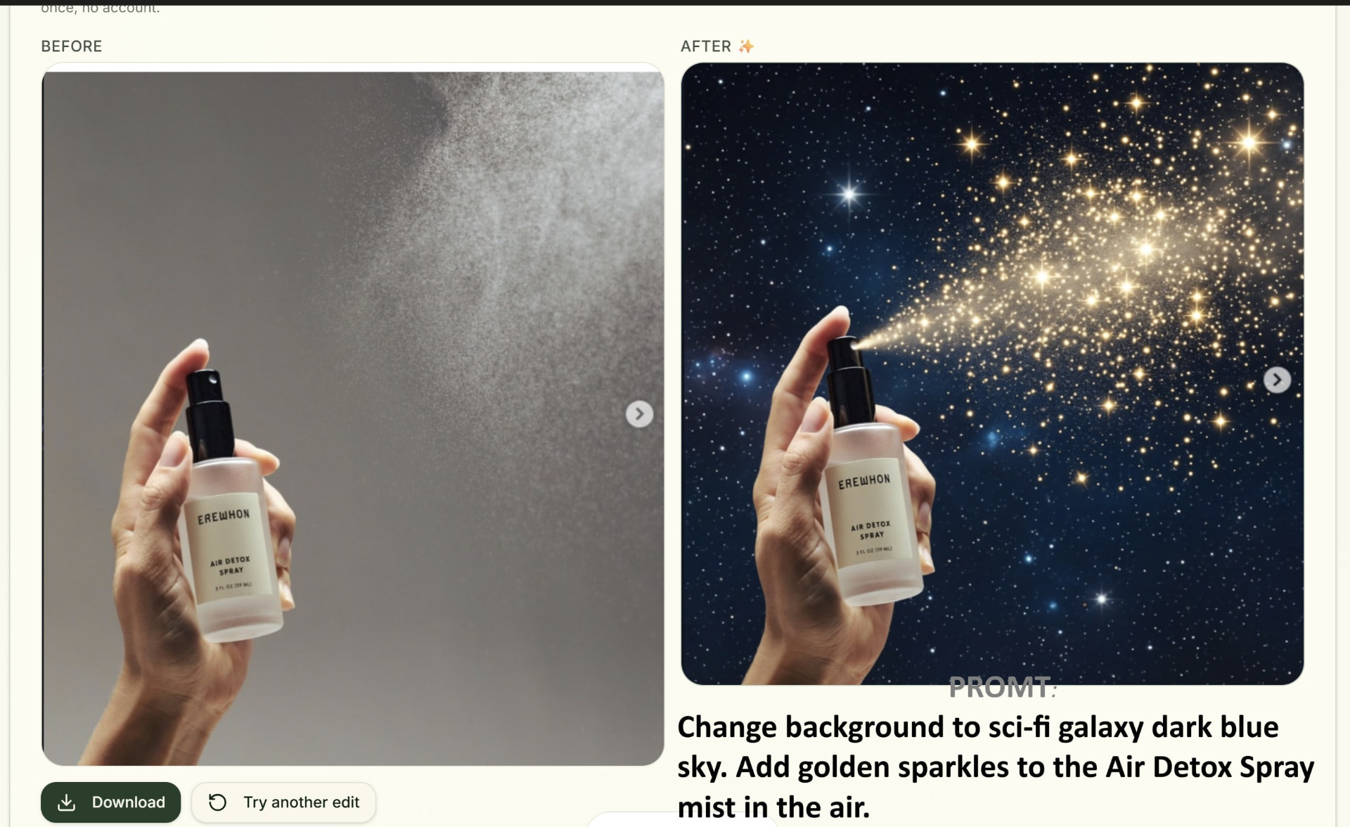 Product photo of a spray bottle edited onto a cosmic galaxy background with golden sparkles
