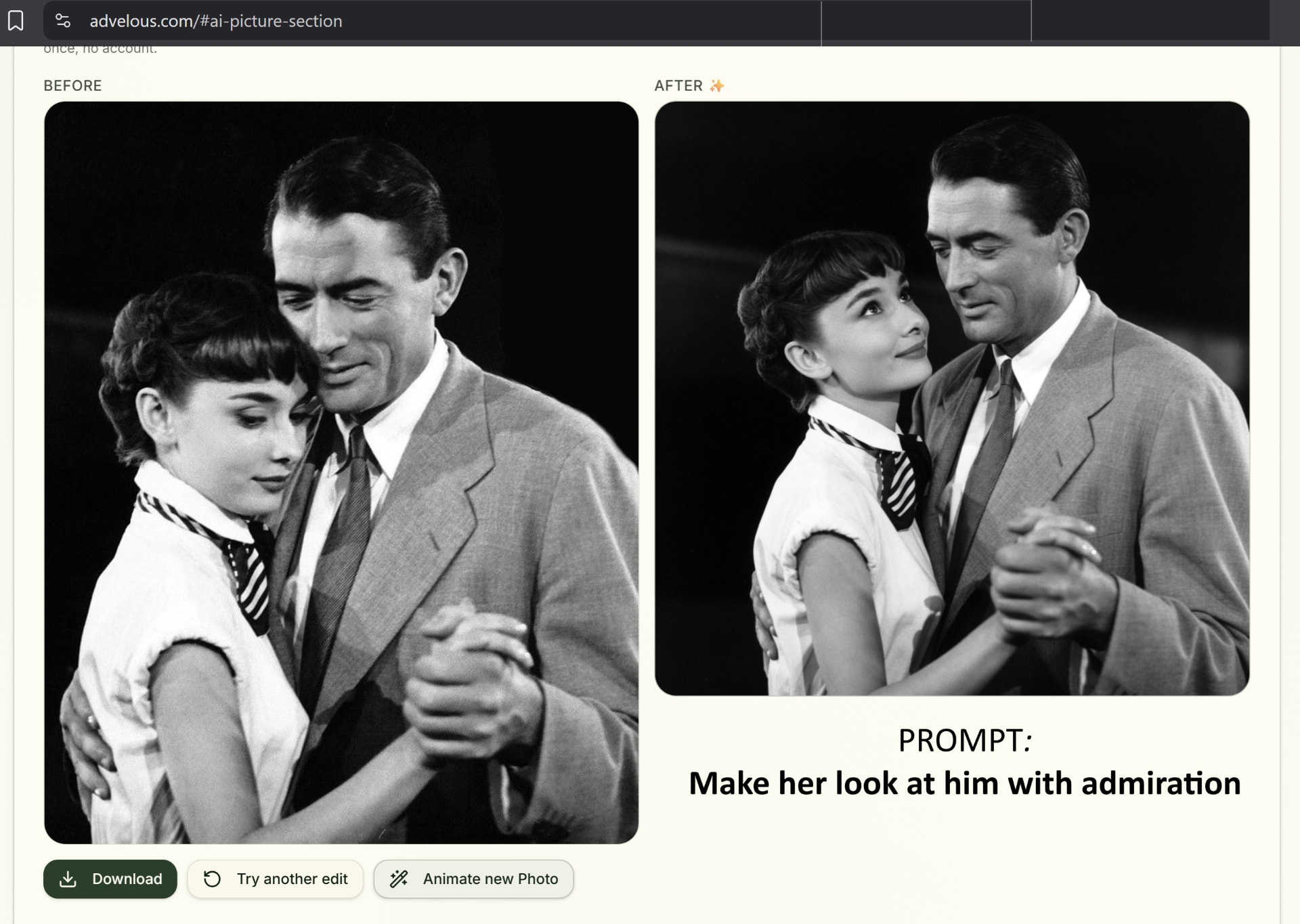 Vintage-style couple photo edited so the woman looks toward the man