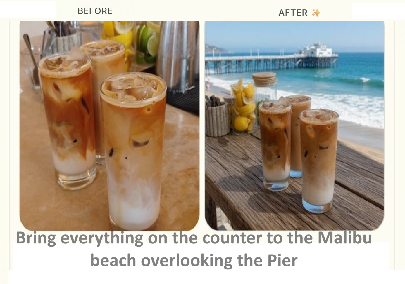 Iced coffee cup edited from an indoor shot onto a sunny beach at golden hour