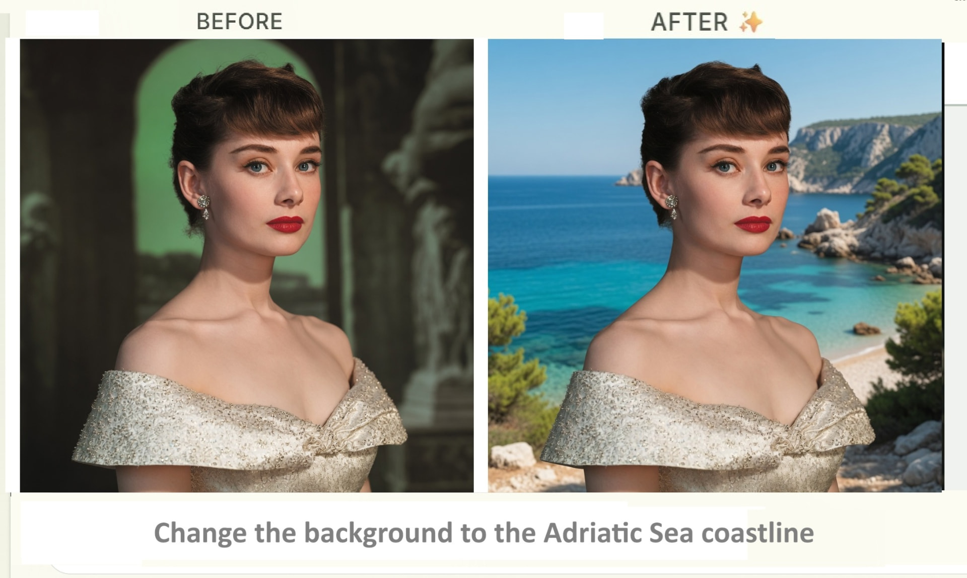 Portrait edited so the subject stands on the Adriatic coastline at sunset