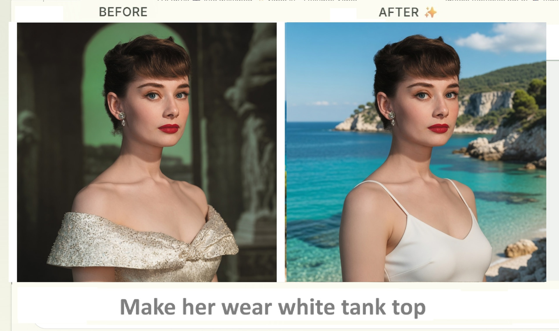 Portrait edited to change the subject's top to a white tank top with soft lighting